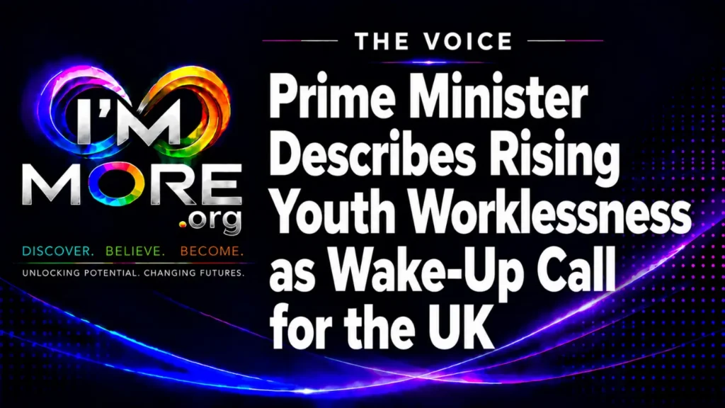 I'M MORE THE VOICE graphic highlighting the Prime Minister describing rising youth worklessness as a wake-up call for the UK.