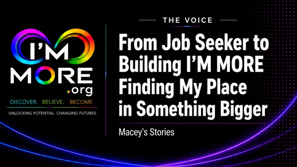 The Voice article by Macey Hutchins titled From Job Seeker to Building I'M MORE: Finding My Place in Something Bigger, featuring the I'M MORE logo and highlighting her personal journey of growth, confidence, and purpose.