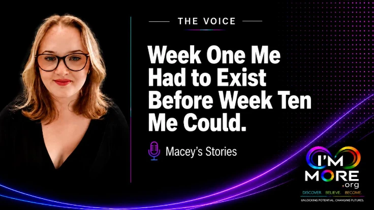 Macey featured in an I’M MORE graphic for her personal story, “Week One Me Had to Exist Before Week Ten Me Could.”